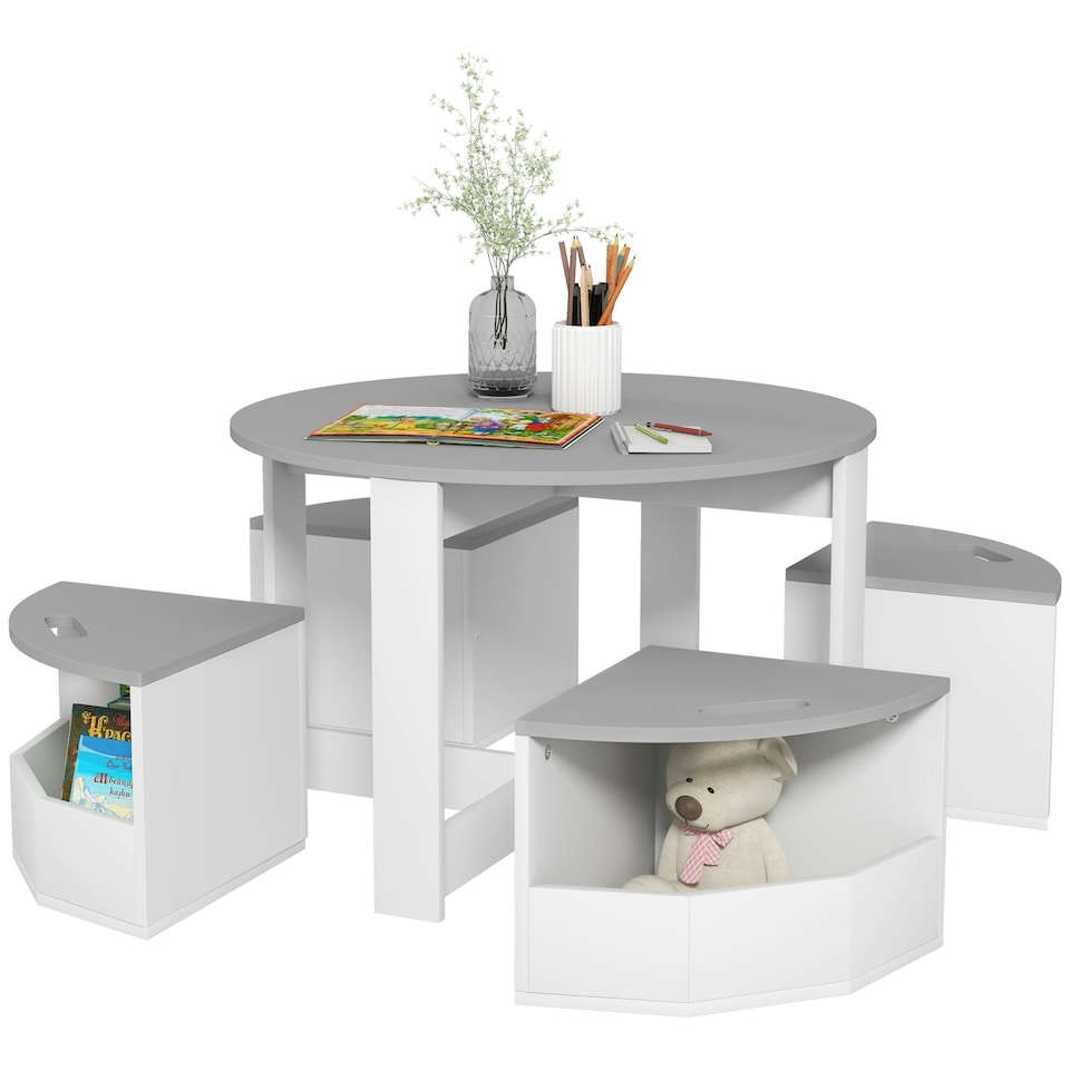 image 1 of AIYAPLAY Five-Piece Kids Table and Chairs Set w/ Storage for 3-8 Years, Grey 