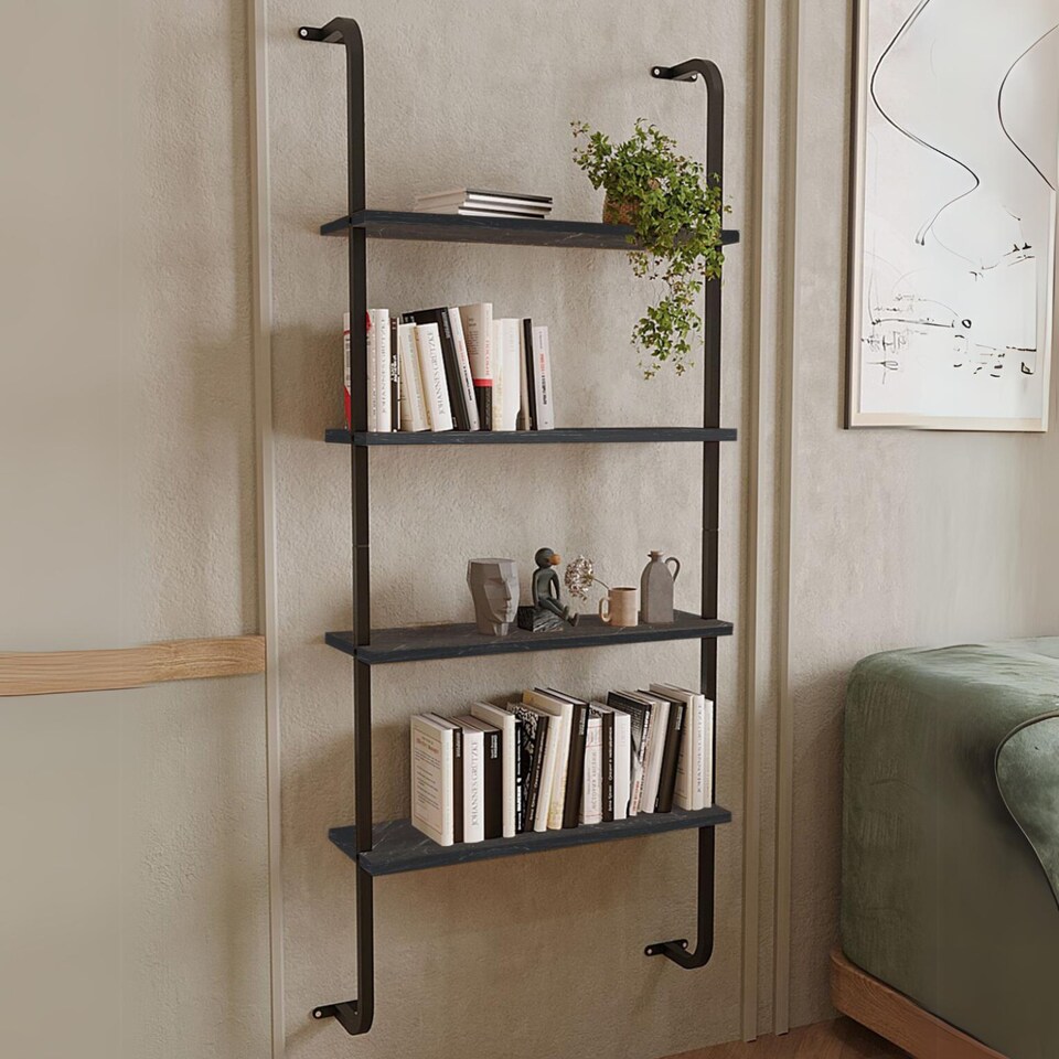 image 1 of 4 Shelf Wall Mounted Wooden Bookshelf With Metal Frame | Multi | Black Marble | One Size | 1