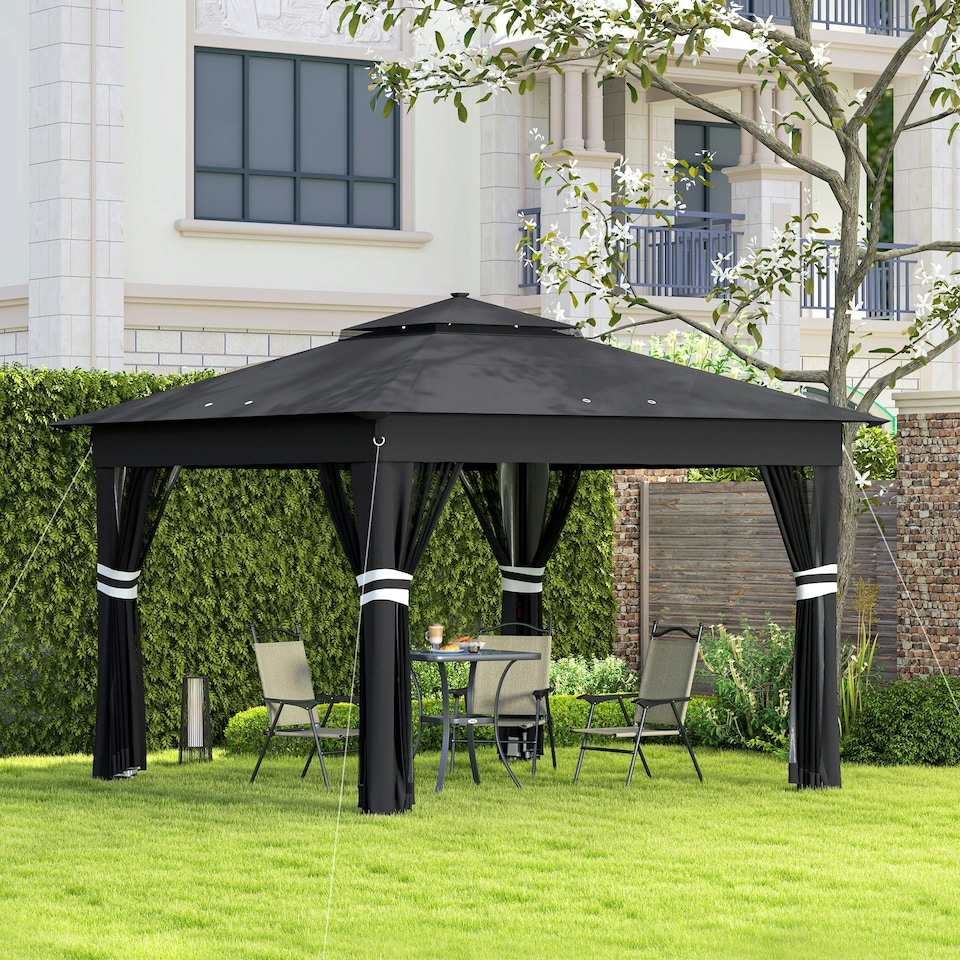 image 1 of Outsunny 3x3(m) Pop Up Gazebo w/ Solar-Powered LED Lights Netting Black