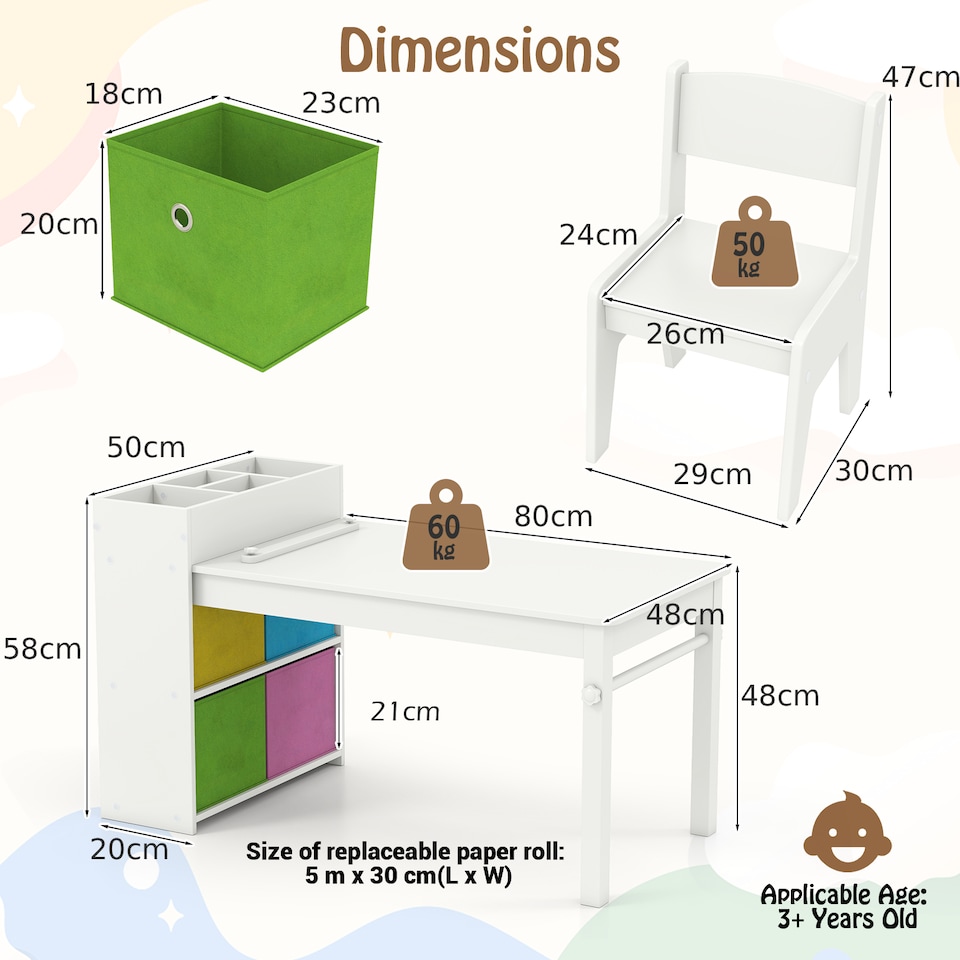 image 1 of COSTWAY Kids Art Table and Chairs Set with 2 Chairs White