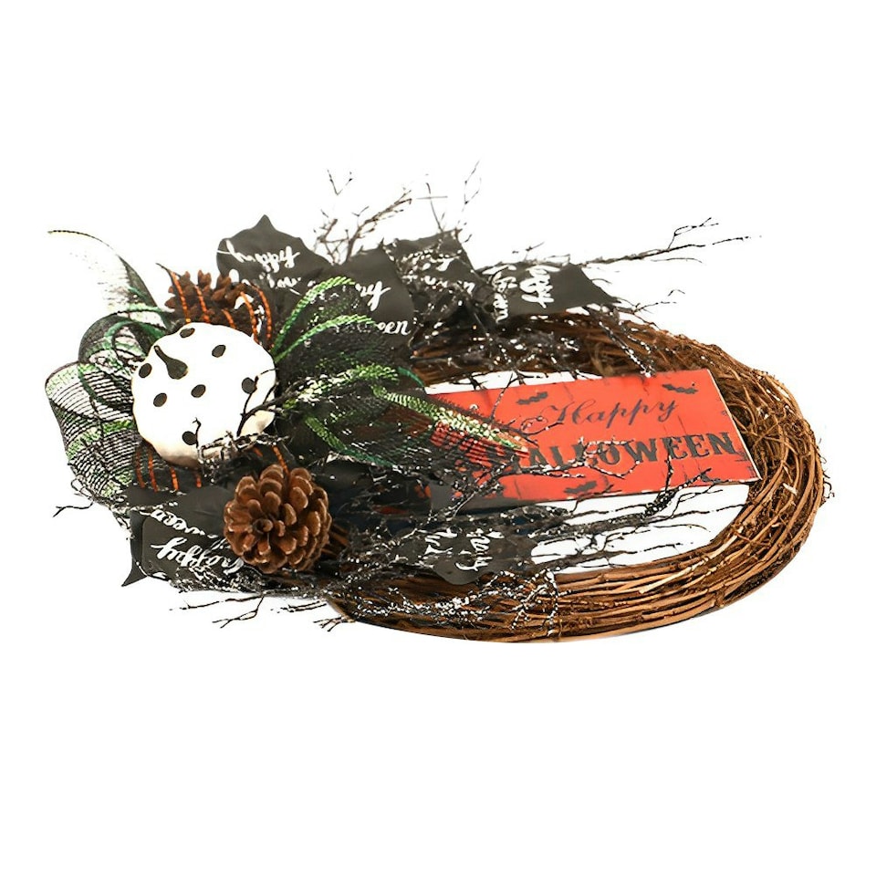 image 1 of Living and Home Halloween Rattan Wreath with Silk Bows - 40cm