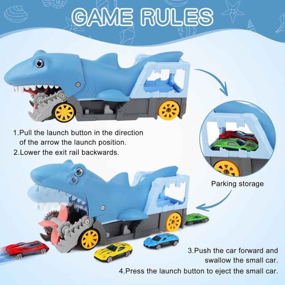 image 1 of Shark Devour Transporter Toy Truck - Push-and-Go Vehicle with Slide-Off Ramp, Roaring Sounds, Lights & 4 Mini Cars, Realistic Shark-Head Design for Kids Ages 3-7