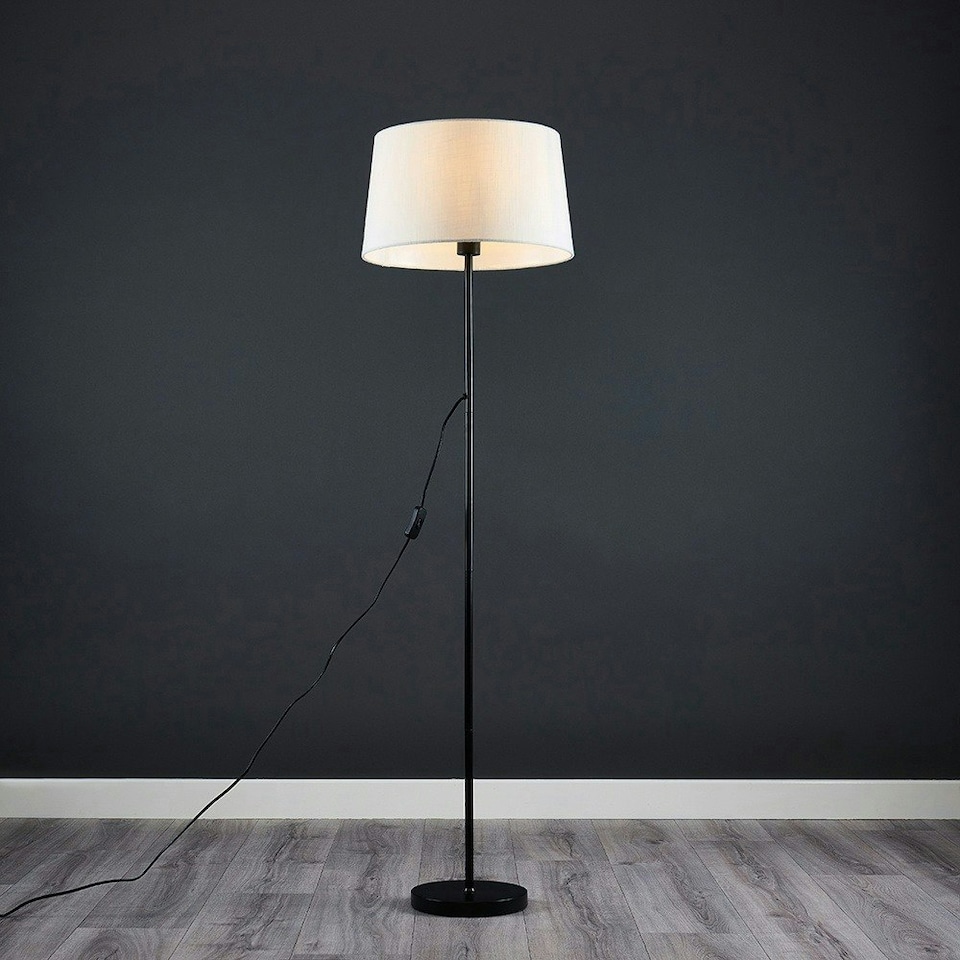 image 1 of ValueLights Modern Floor Lamp In Black Metal Finish With Faux Linen White Shade