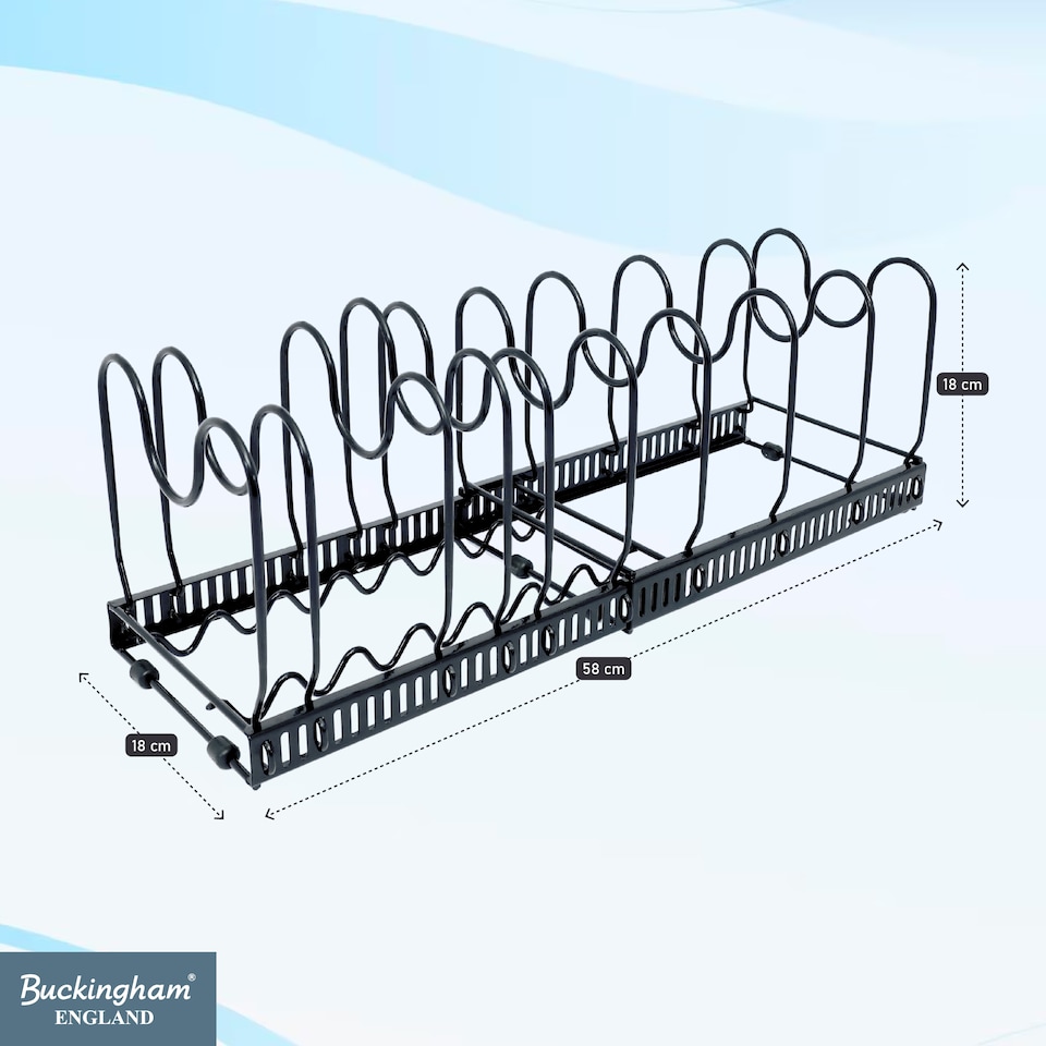 image 1 of Buckingham Expandable Pot, Pan & Lid Organising Rack 10 Dividers - Black | Black