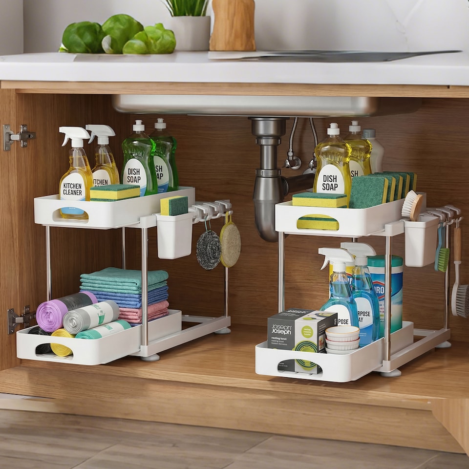 image 1 of Toque Under Sink Organiser Two Slide-Out Drawers Kitchen Storage 2pcs White