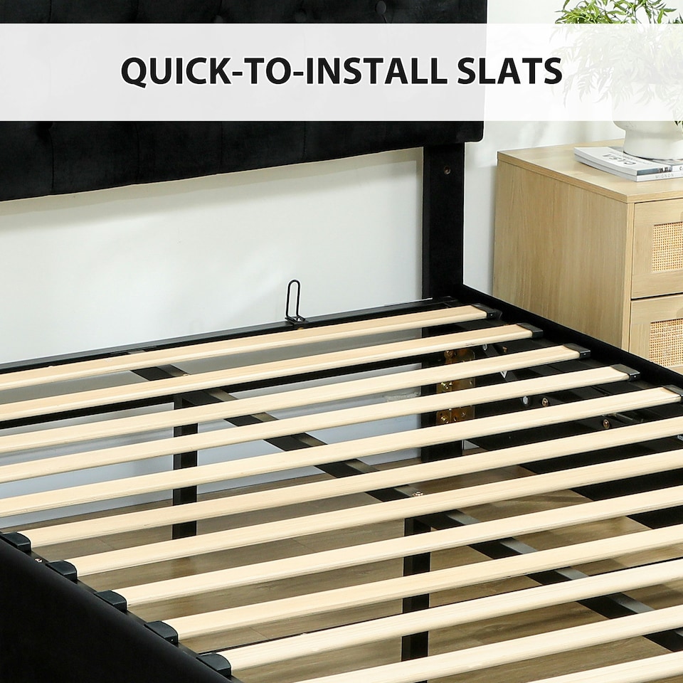 image 1 of HOMCOM Double Bed Frame with Storage and Adjustable Velvet Headboard, Black