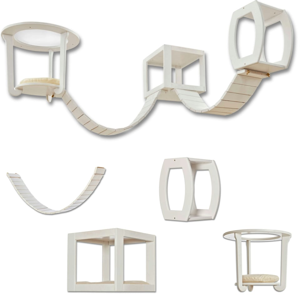 image 1 of NOVECRAFTO Modular Ceiling Cat Furniture – Wooden Hanging Cat Tower with Shelves, Bridge & Sleeper – Space-Saving Climbing System for Indoor Cats Brown