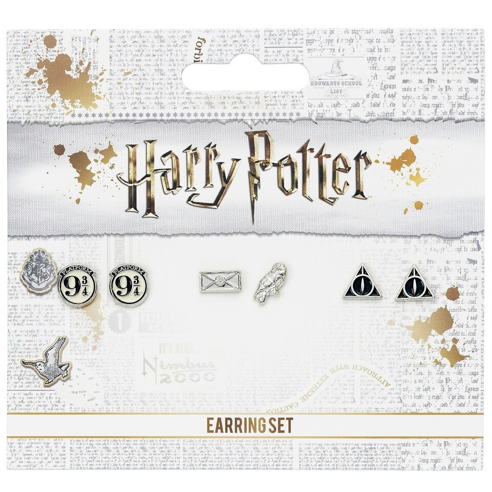image 1 of Official Harry Potter Stud Earring Set including Platform 9 3/4, Hedwig & Letter, and the Deathly Hallows earrings WE0107