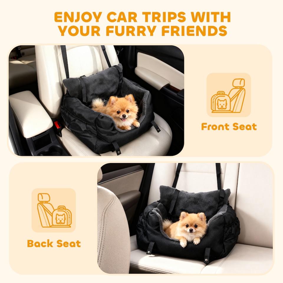 image 1 of PawHut Dog Car Seat for Small Dogs, Dog Booster Car Seat with Fixed Buckle, Safety Leash, Washable Cover, Thickened Small Pets Travel Carrier Bed, 58 x 45 x 28 cm, Black