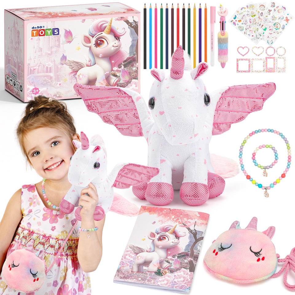image 1 of 33‑in‑1 Unicorn Plush Toy Gift Set for Girls – Soft Cuddly Stuffed Animal with Diary, Stickers, Colouring Book & Accessories, Birthday Gift for Kids 3–10