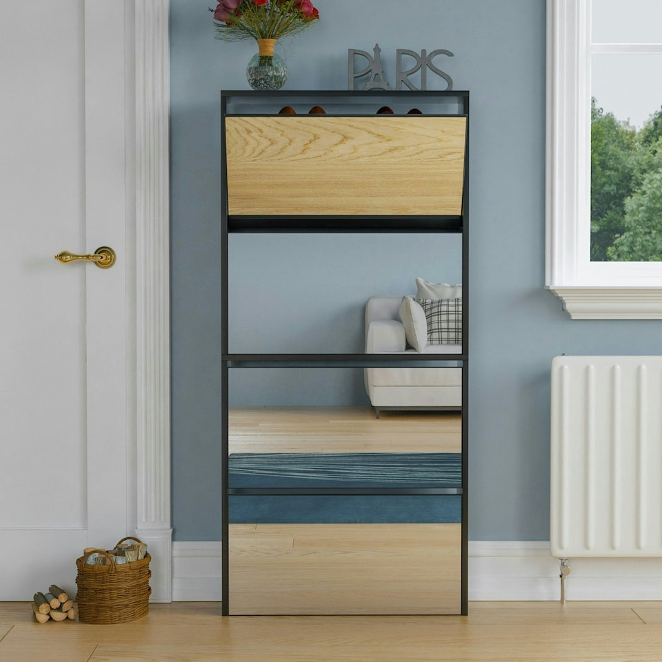 image 1 of Vida Designs Welham 4 Drawer Mirrored Shoe Cabinet Shoe Rack Storage Cupboard, Black