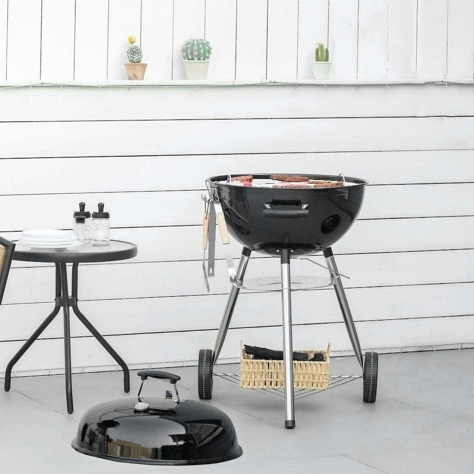 image 1 of Outsunny Portable Kettle Charcoal Grill BBQ Smoker w/ Cover, Lid, & Thermometer
