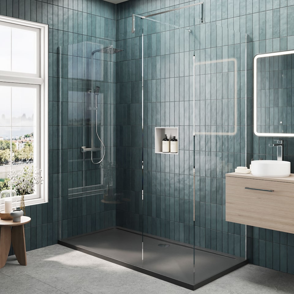image 1 of 8mm Glass Wetroom Screens Chrome and Slate Grey Tray 1700 x 900mm | Silver | Chrome