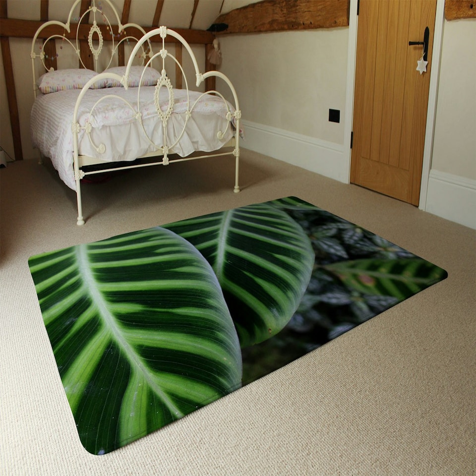 image 1 of Green leaves with white and yellow structure in exotic jungle setting (Rug) Green | L
