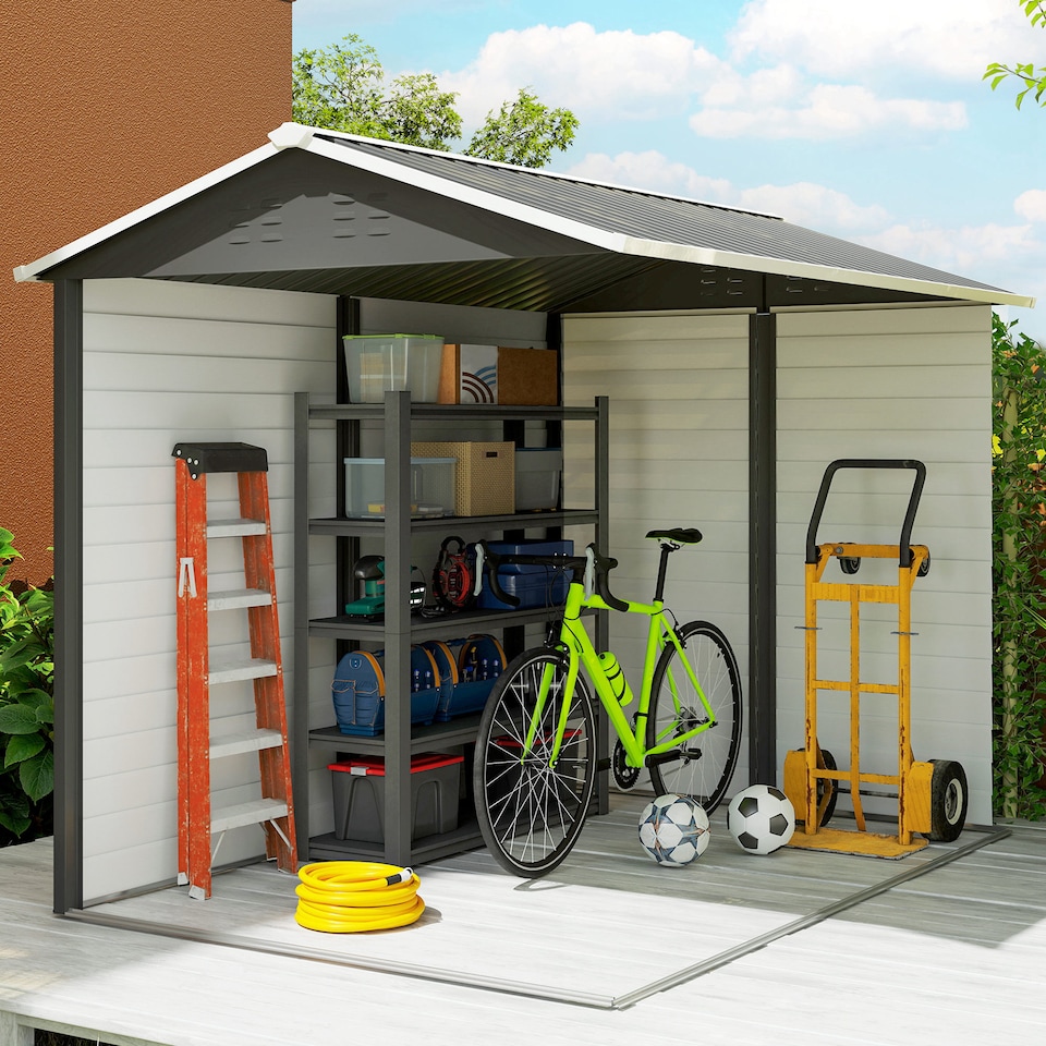 image 1 of Outsunny 9 x 6FT Metal Garden Shed, Tool Storage with Lockable Door, Window, Galvanised Outdoor Storage Shed for Garden, Patio, Dark Grey