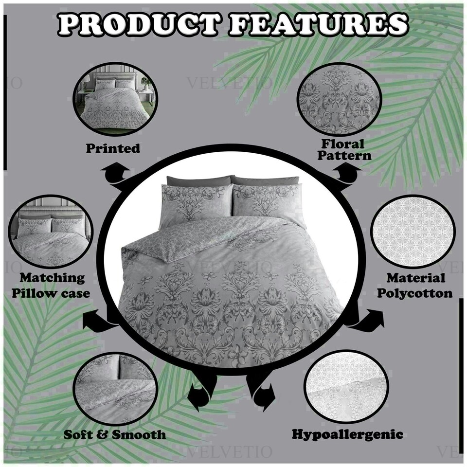 image 1 of VELVETIO Antoinette Printed Duvet Cover Set Reversible Polycotton Beddings Grey | Single