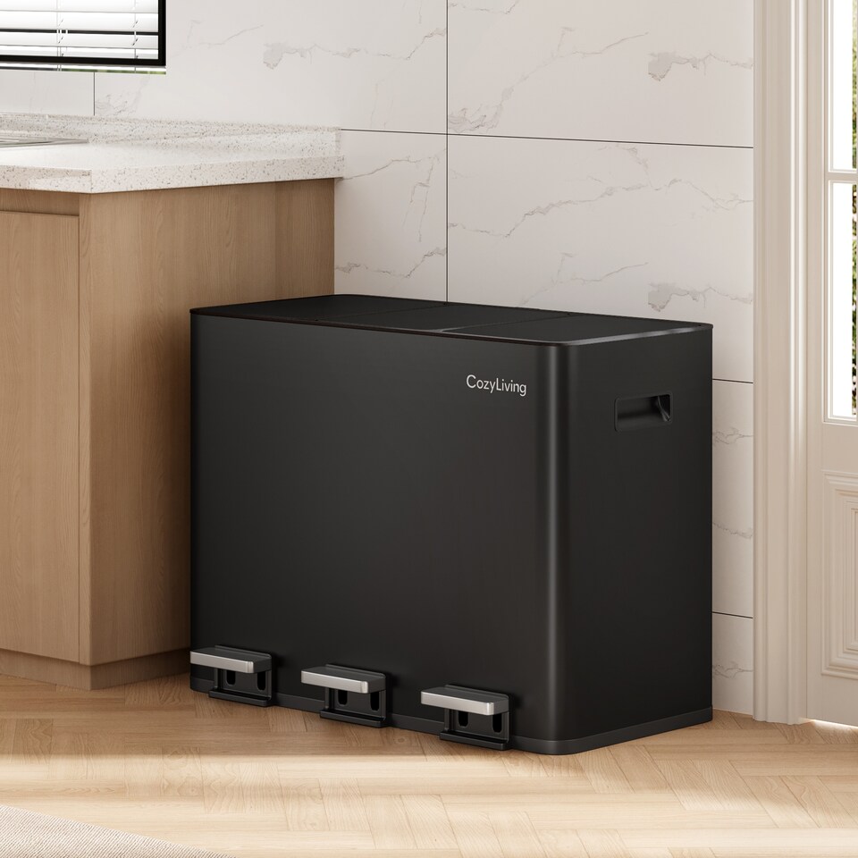 image 1 of CozyLiving 45L Triple Pedal Bin for Recycling and General Waste Rubbish Kitchen Bin 3x 15L