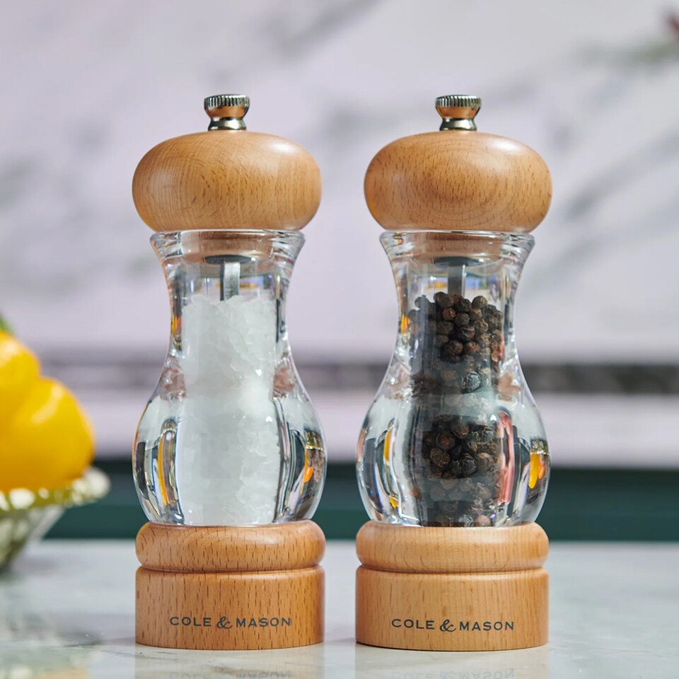 image 1 of Cole & Mason 105 Salt and Pepper Grinder Set, Adjustable Precision+ Grind Mechanism, Beech/Acrylic, 165 mm, Gift Set