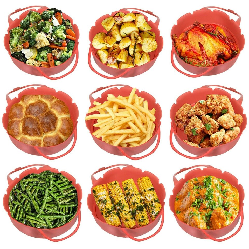 image 1 of SPARES2GO Air Fryer Basket Liner Silicone Round Tray Pot (Red, 4 Compartments)