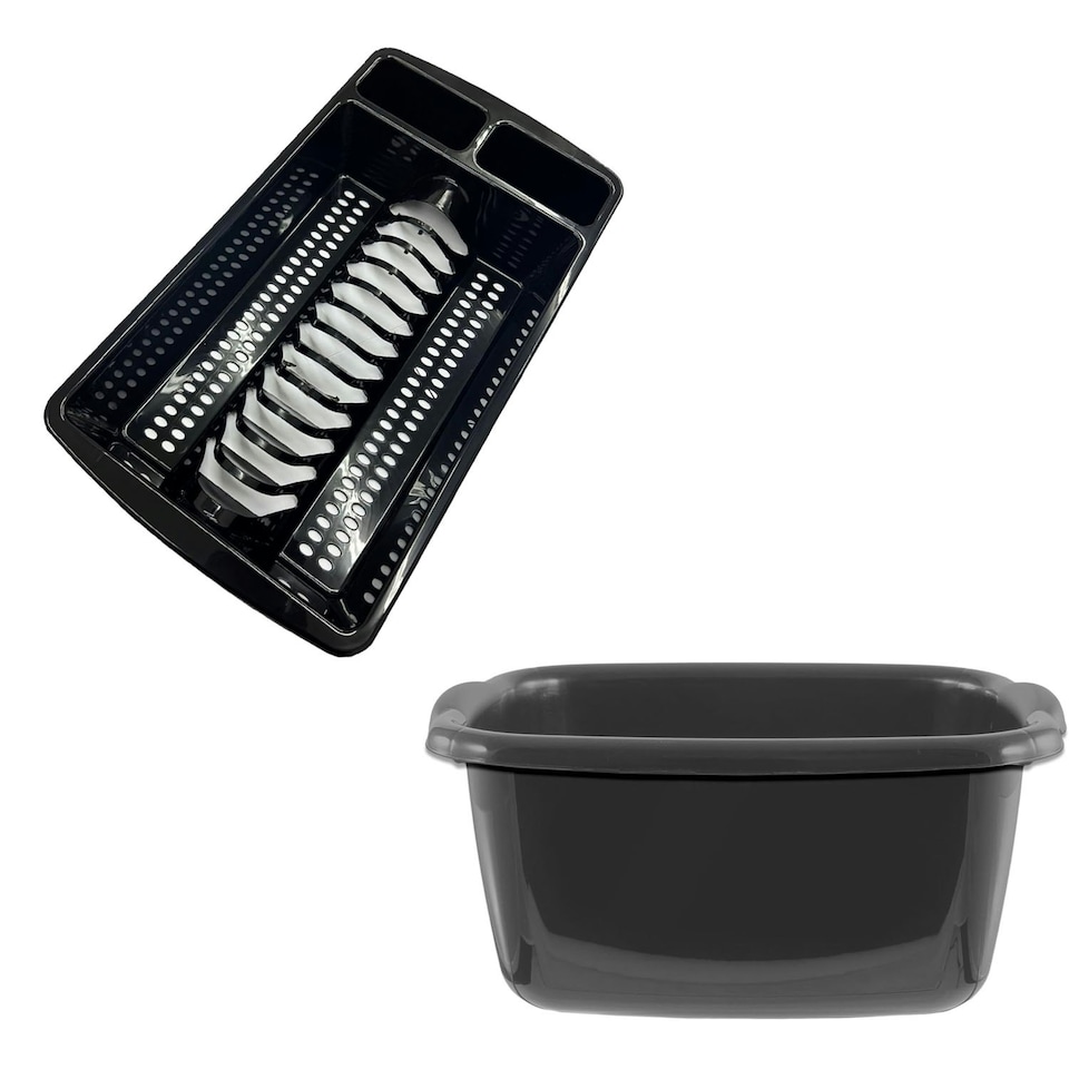 image 1 of Set Of Black Rectangular Washing Up Bowl & Dish Drainer Rack Kitchen Sink Utensil Holder Black