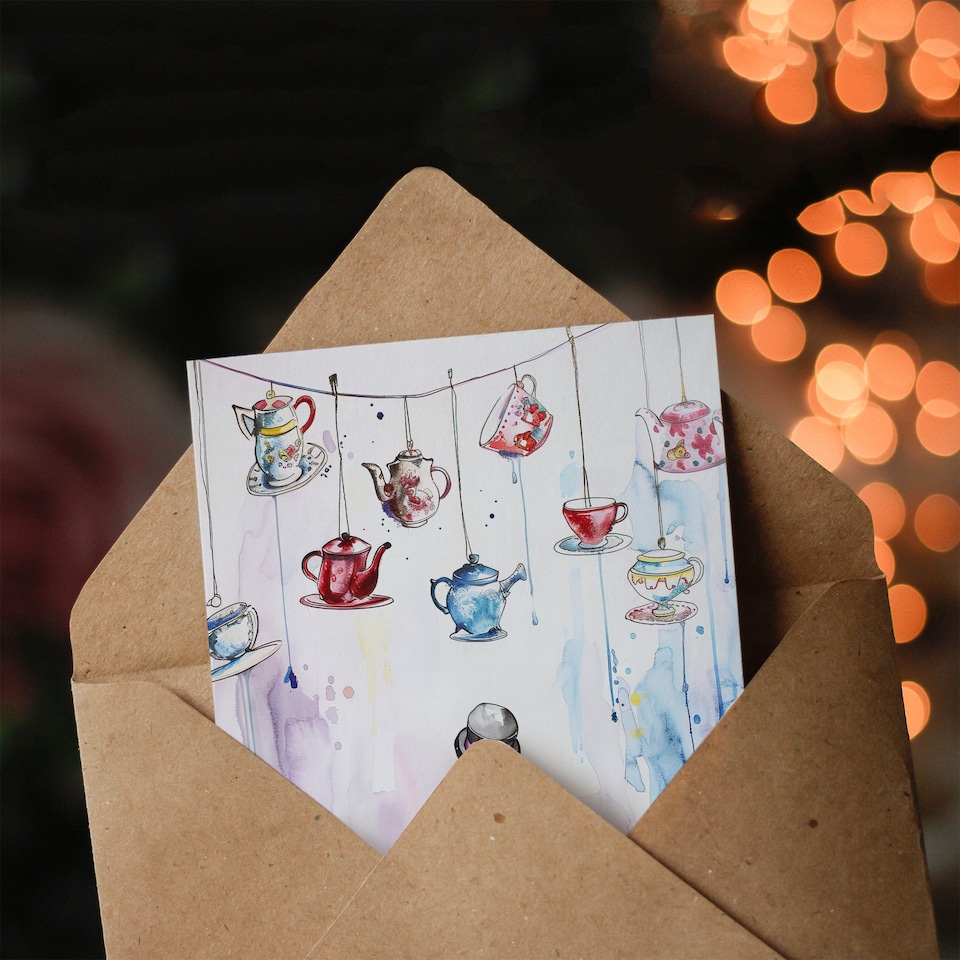 image 1 of Greeting Card Alice Wonderland Mad Hatter Tea Party Watercolour