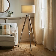 ValueLights Modern Light Wood And Chrome Tripod Floor Lamp With Cool Grey Drum Shade Brown
