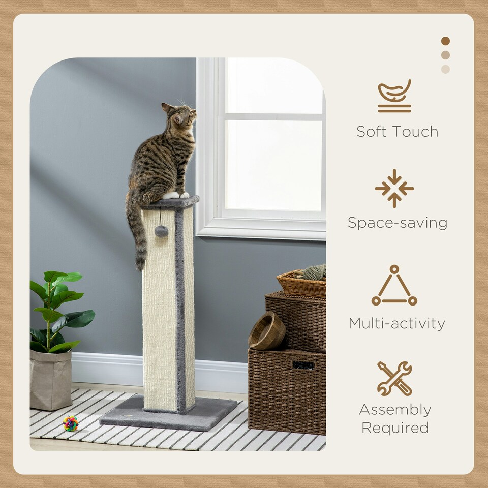 image 1 of PawHut Cat Scratching Post with Vertical Sisal Rope Ball Plush, 81cm, Grey