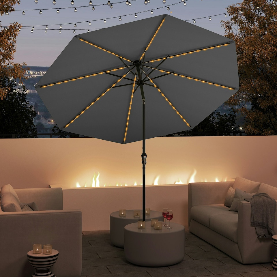 image 1 of COSTWAY 290 cm Solar Patio Parasol Umbrella 96 LED Lights Grey Grey