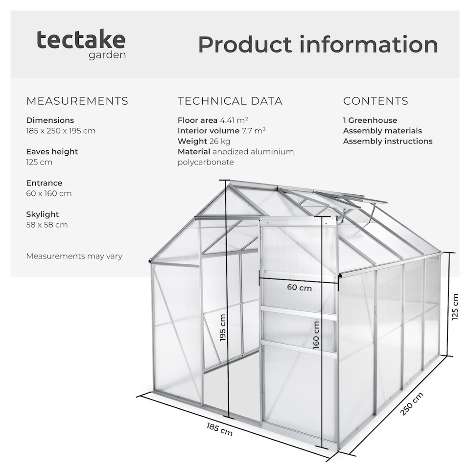 image 1 of Aluminium greenhouse, UV-resistant, 185x250x195cm