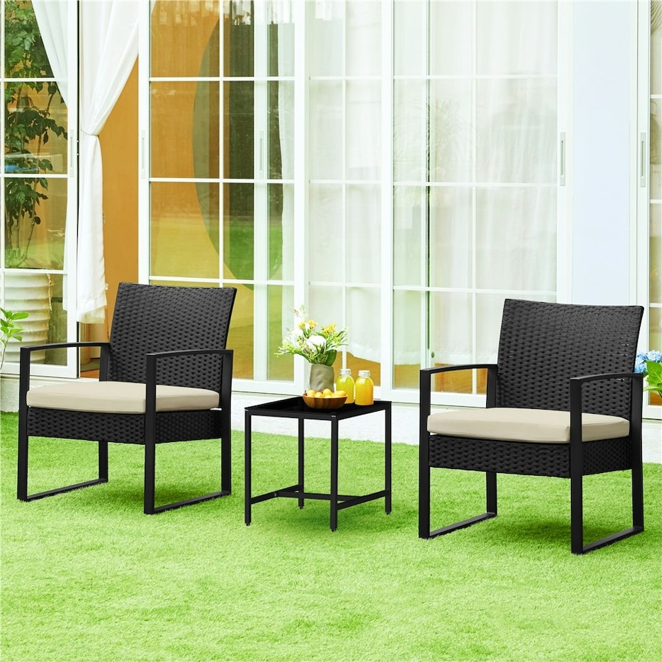 image 1 of Yaheetech 3-Piece Patio Set Rattan Chairs & Table Black/Beige