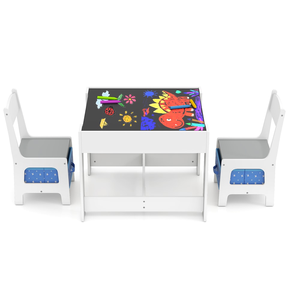image 1 of COSTWAY Kids Multifunctional Table and 2 Chairs Set Blue