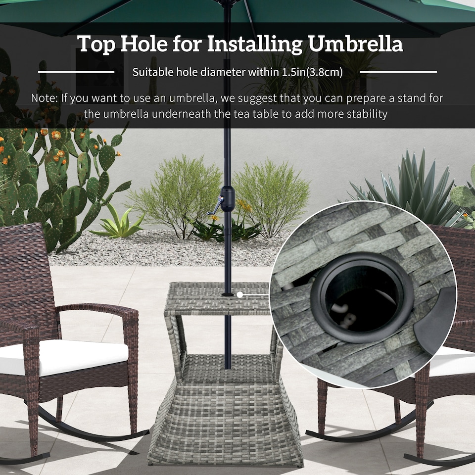 image 1 of Outsunny Rattan Wicker Tea Coffee Table w/ Umbrella Hole and Storage Space Grey