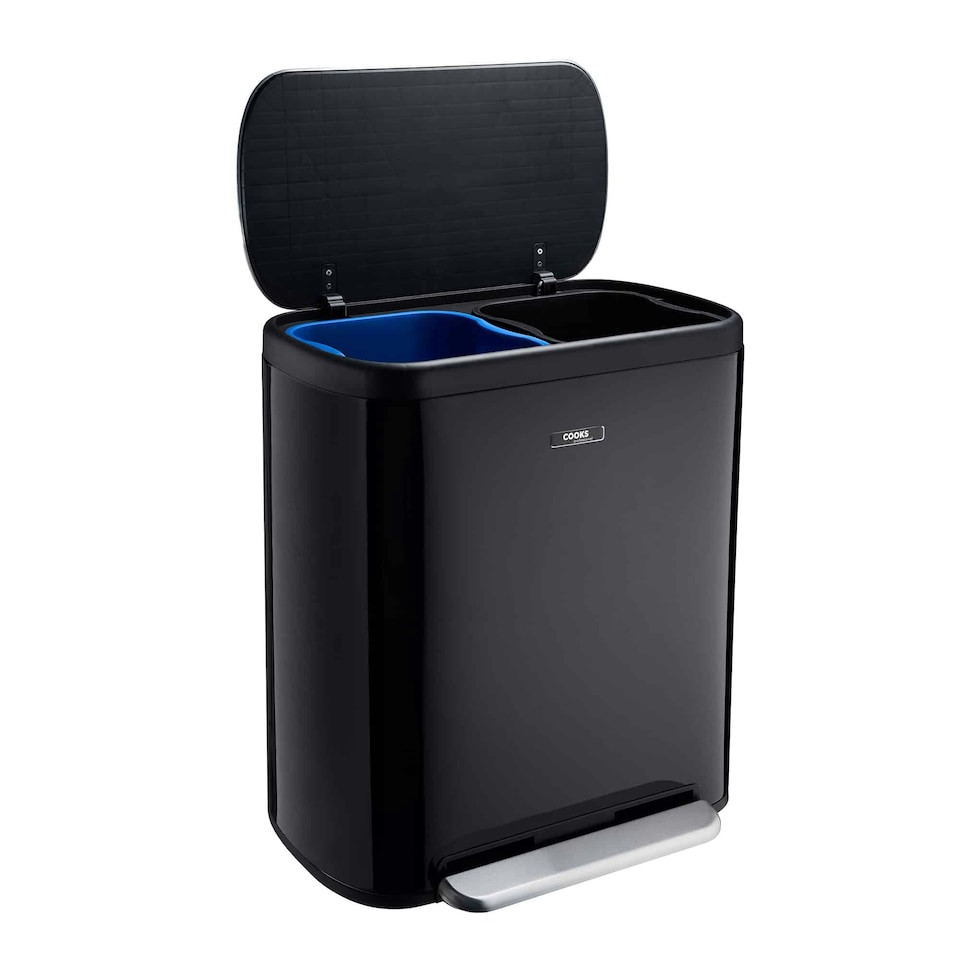 image 1 of Cooks Professional Dual Recycle Pedal Bin 60L | Single Pedal | 2 x 30L Removable Compartments | Black