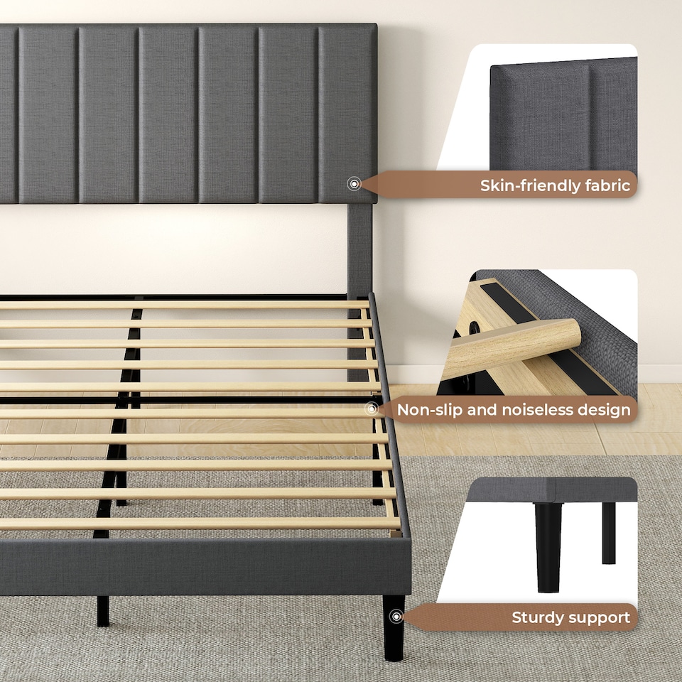 image 1 of Levede Bed Frame Double Upholstered Foam Headboard Soft Linen Fabric Wooden | Grey | Double | Double