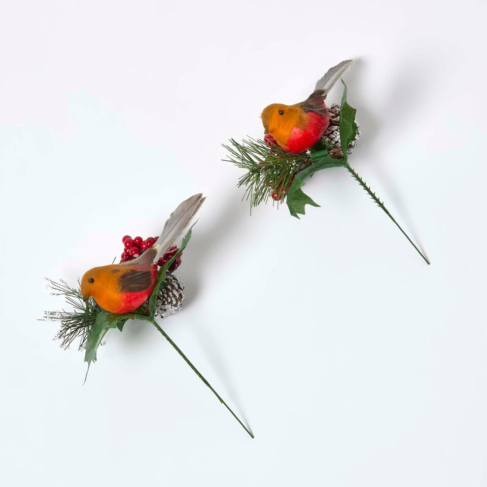 image 1 of Homescapes Set of 2 Artificial Robin and Foliage Picks, 18 cm