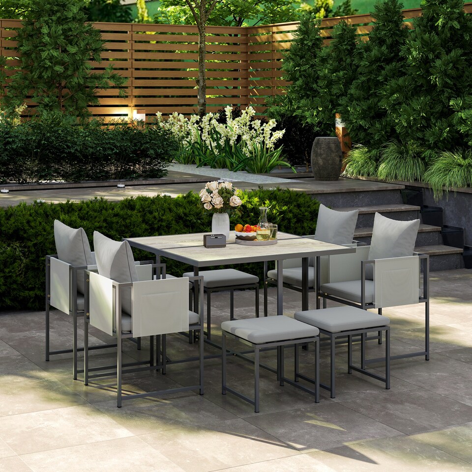 image 1 of Outsunny 9 Piece Garden Dining Set, Cube Outdoor Garden Furniture Set with Cushions, 8 Seater Garden Table and Chairs with 4 Stools, Square PSPC Plastic Top Table, Side Pockets for Conservatory, Grey | Grey | 1