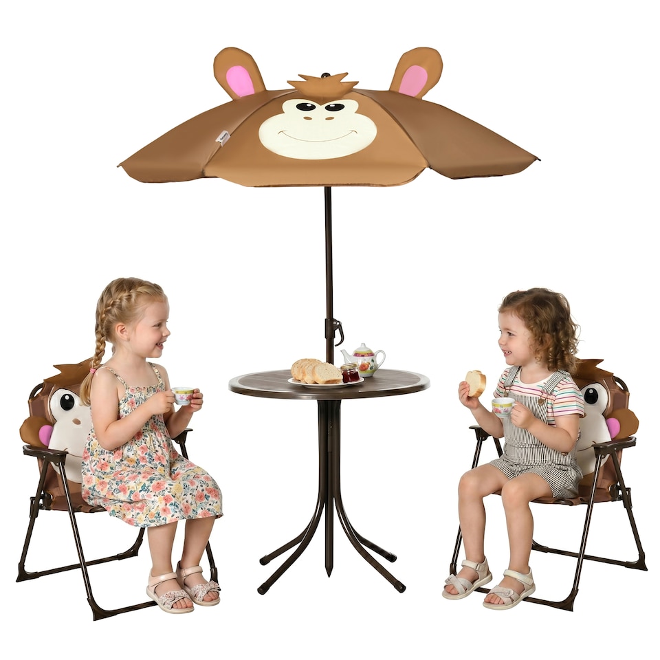 image 1 of Outsunny Kids Foldable Four-Piece Garden Set w/ Table, Chairs, Umbrella - Brown | Brown