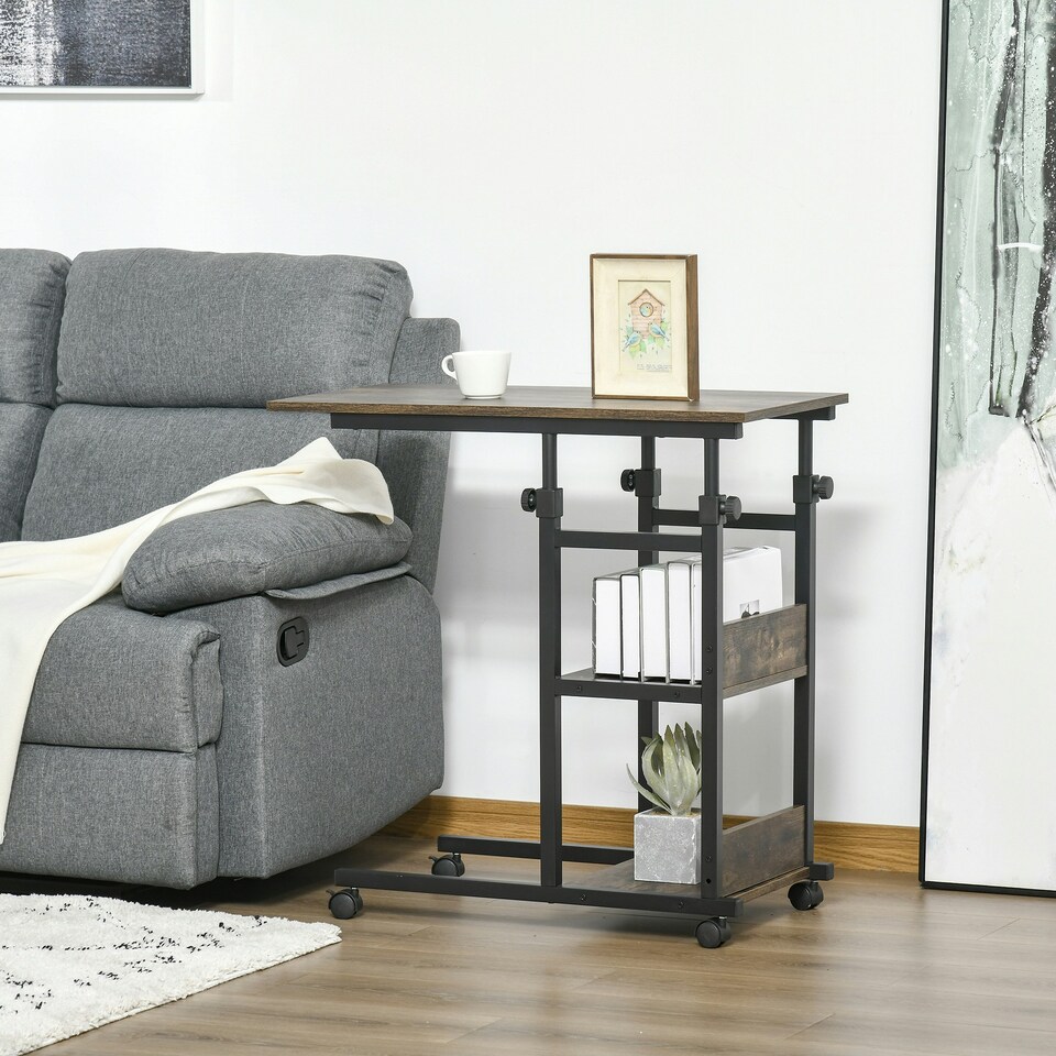 image 1 of HOMCOM C-Shaped Mobile Sofa Bed Side Table Adjust Height 3-Tier Cart w/ Brake