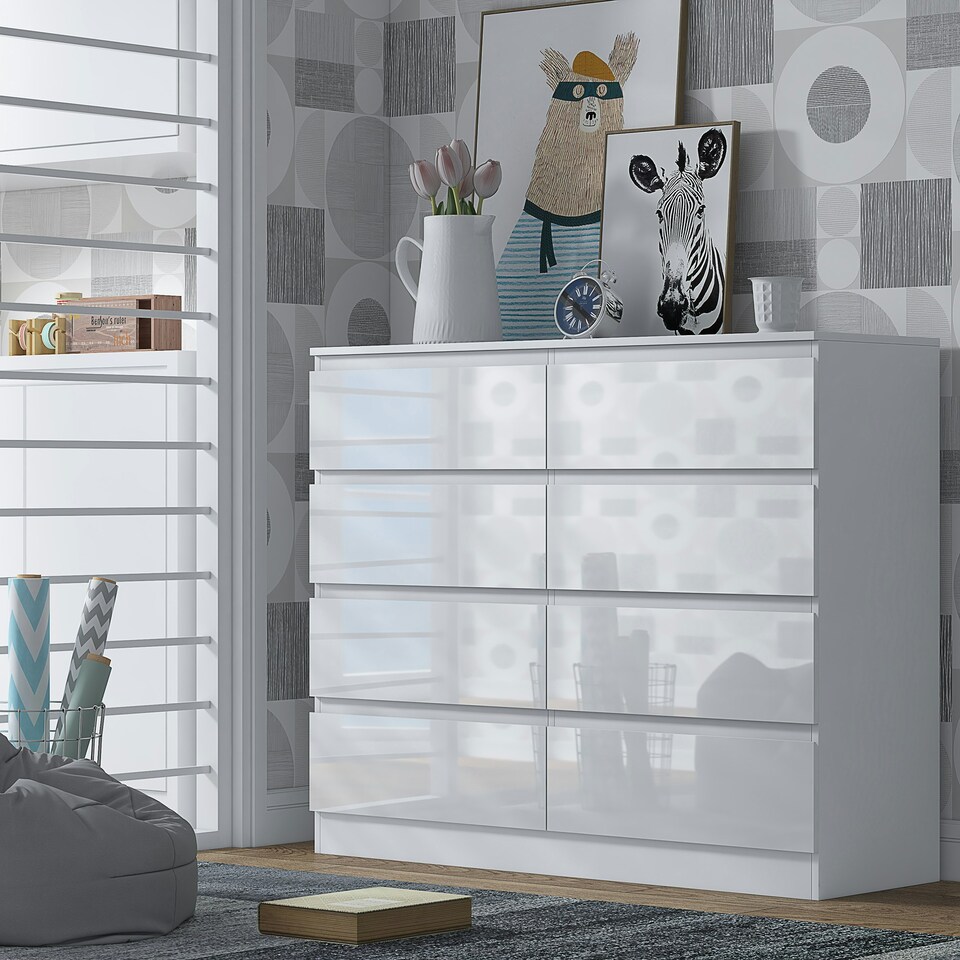 image 1 of FWStyle Stora 8 Drawer Wide 4+4 Chest Of Drawers - White Gloss Front