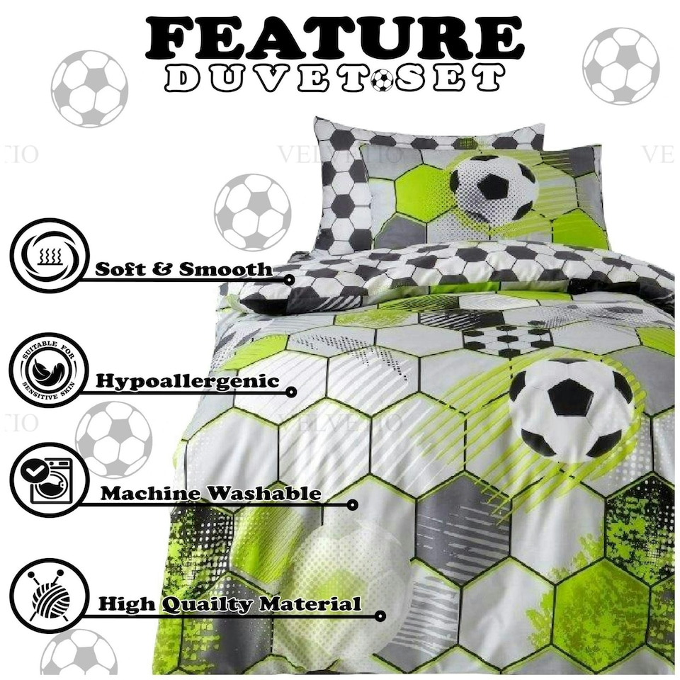 image 1 of VELVETIO Football Stamp Duvet Cover Set Easy Care Polycotton Kids Beddings Grey | Single