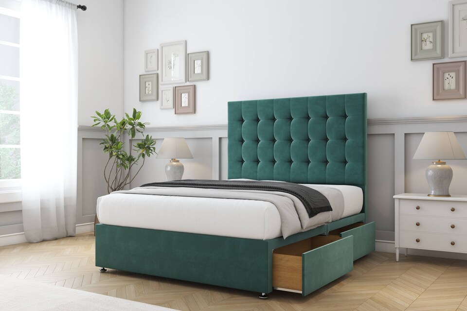 image 1 of Sloomy Alabama Emerald Plush Divan Bed Base 4 Drawers With 26 Inch Strutted Headboard | Green | Emerald | Super King | 1