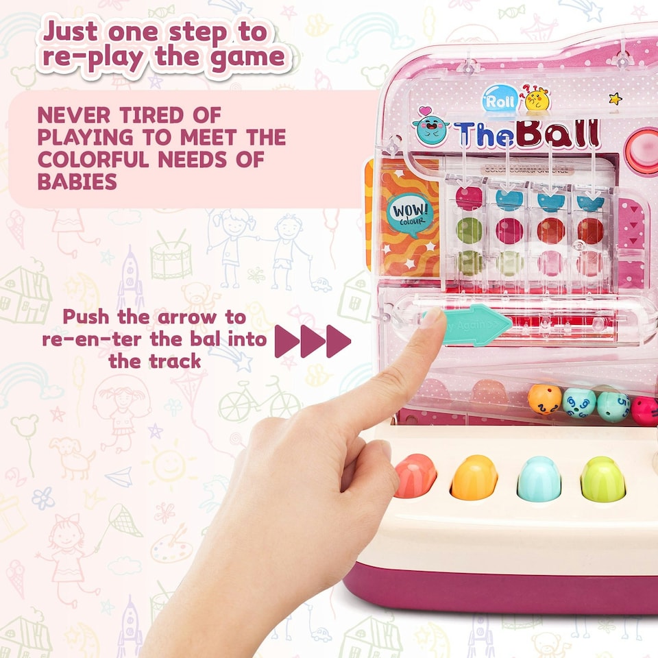 image 1 of Music & Light Educational Ball Roll Toy - Interactive Train Playset with 6 Colourful Balls, Lights, Music, Number & Colour Learning, Coordination-Building Toddler Toy for Ages (Pink)