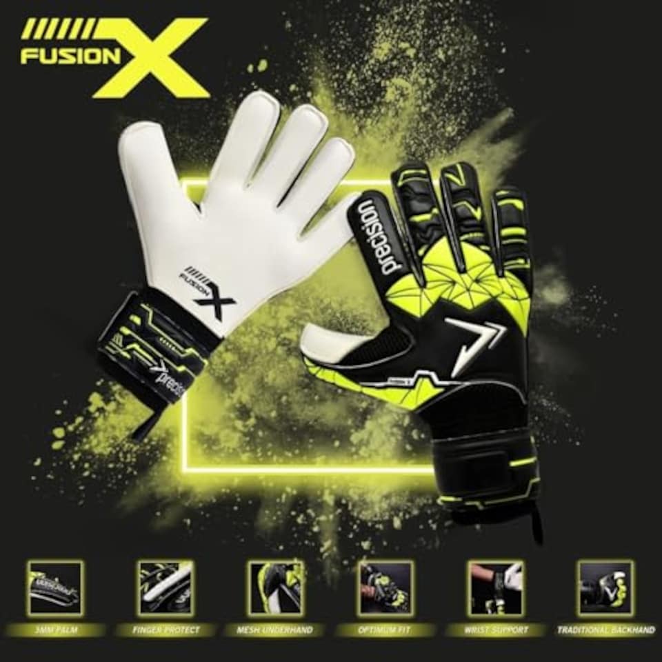 image 1 of Precision Training Fusion X Flat Cut Finger Protect Football Adult's Goalkeeper Gloves, Black, 9