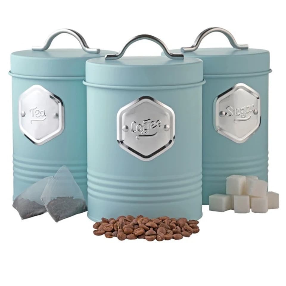 image 1 of Cooks Professional 3-Piece Kitchen Storage Set | Tea Coffee Sugar Cannisters | Blue & Silver