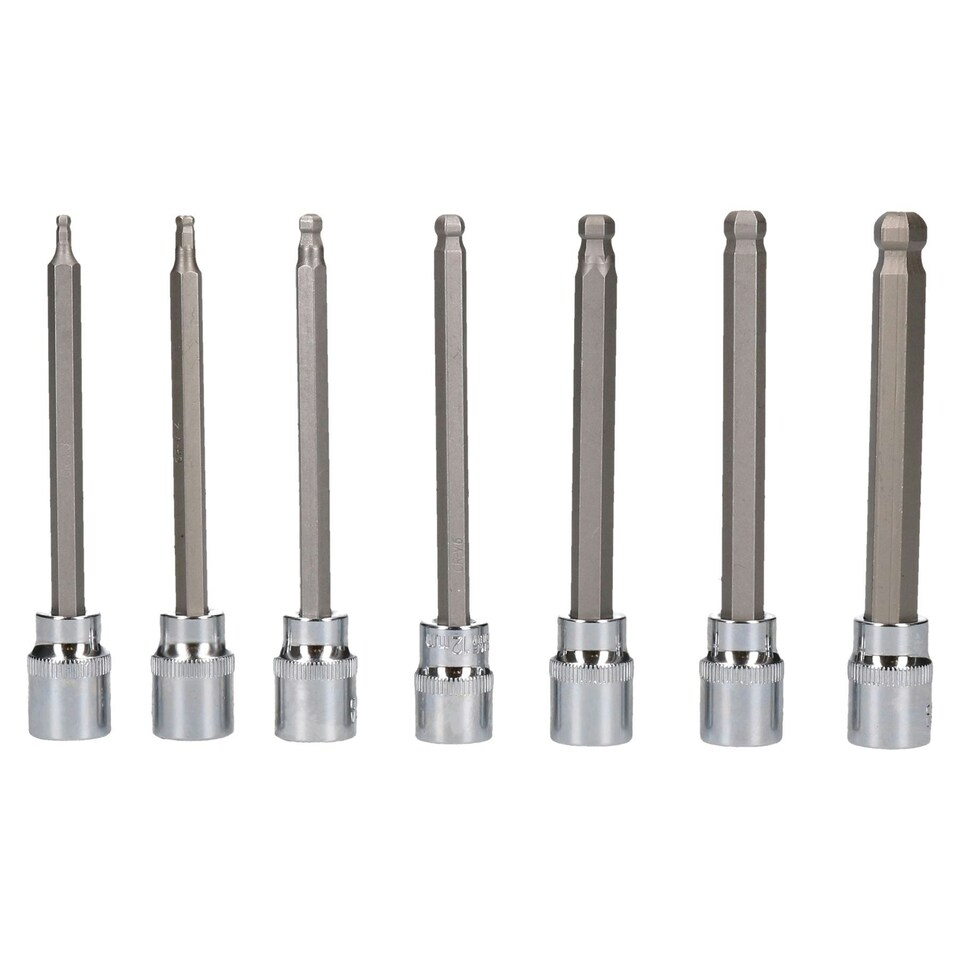 image 1 of 7pc 3/8" Drive Ball Ended Metric Extra Long Allen Hex Keys 3 - 10mm Bit Sockets