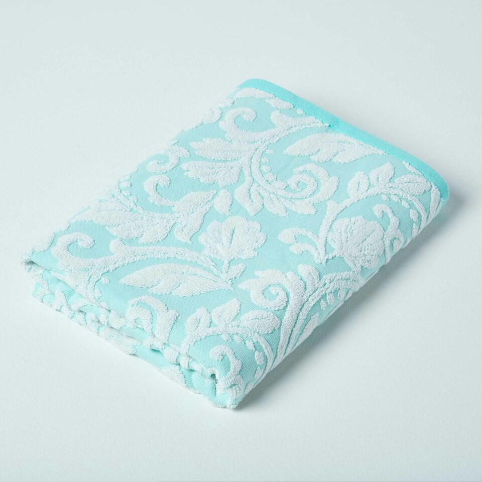Homescapes Damask Turkish Cotton 600 GSM Bath Towel - Aqua Blue | Bath towel