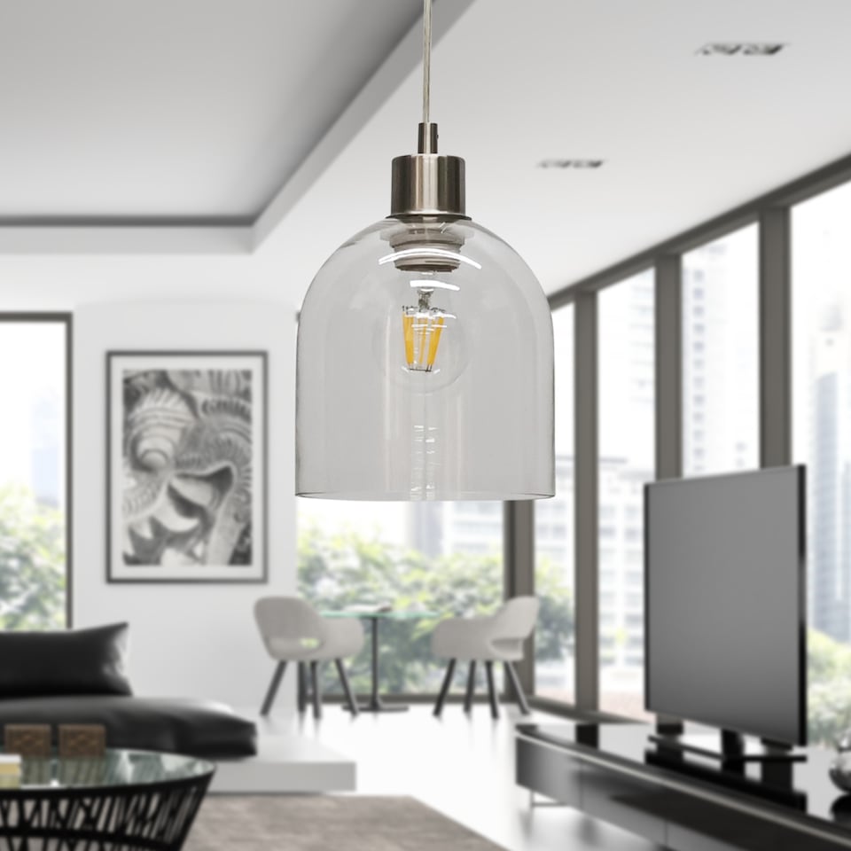 image 1 of Set of 2 Belten - Clear Glass Cloche with Satin Nickel Pendant Fitting | Clear | Clear glass with satin nickel plate detail | Small | 2
