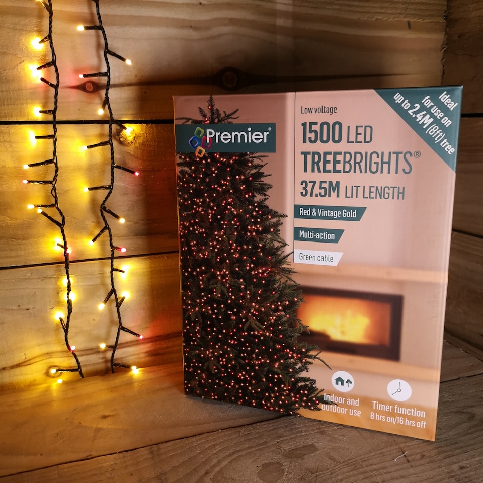 image 1 of 1500 LED 37.5m Premier TreeBrights Indoor Outdoor Christmas Multi Function Mains Operated String Lights with Timer in Red & Vintage Gold