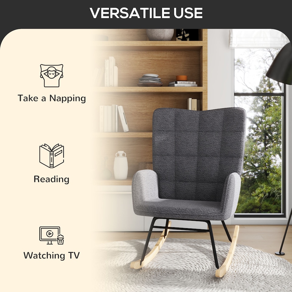 image 1 of HOMCOM Wingback Rocking Chair for Nursing w/ Steel Frame Dark Grey