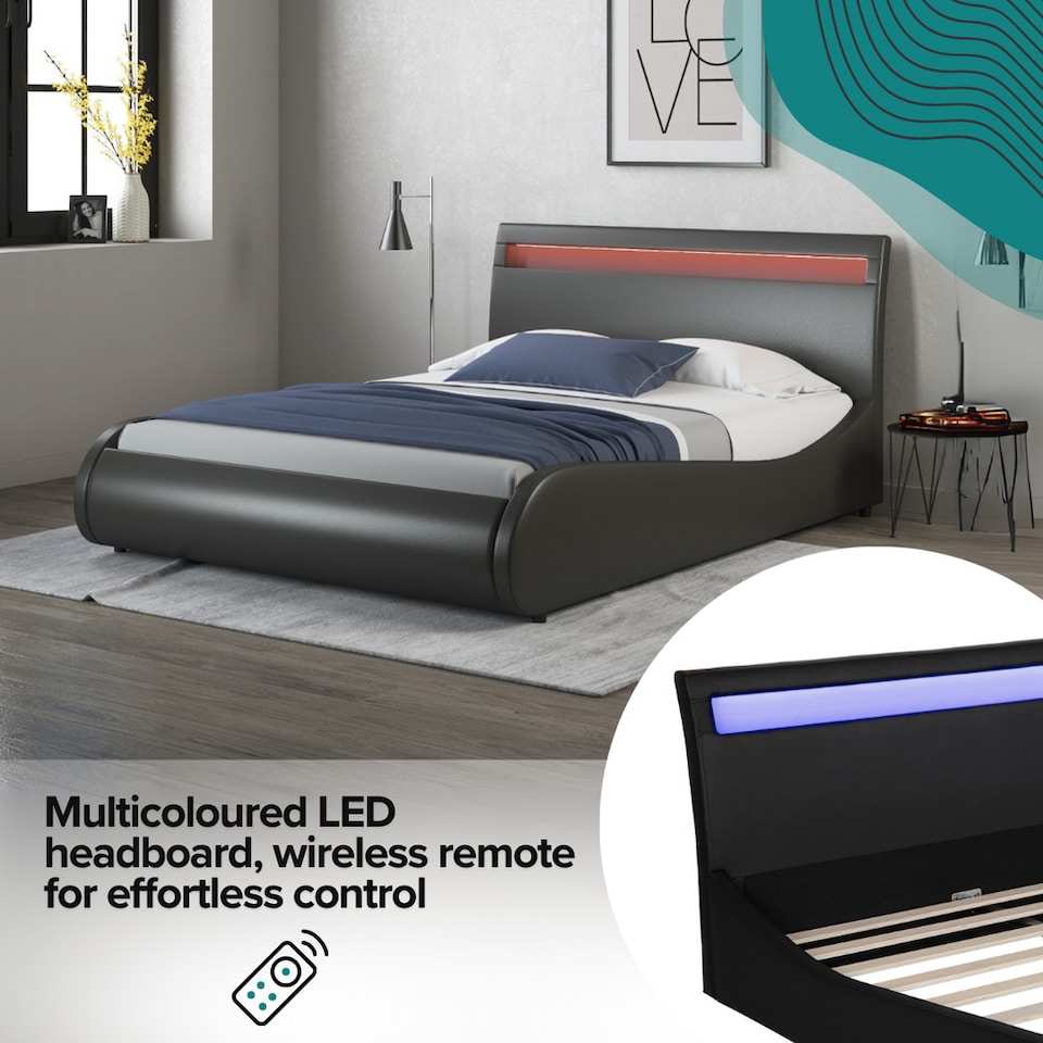 image 1 of Orion LED Lights Headboard Gaming Style Black Faux Leather Bed Frame (Double) | Black | Black | Double